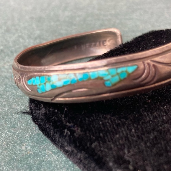 Navajo Signed J Nezzie Silver Turquoise Native American Cuff Bracelet  **As Is** - Picture 7 of 11
